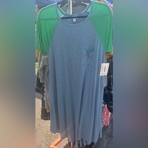 LuLaRoe Blue and Green Baseball Tee Style Carly High Low Dress NEW WITH TAGS
